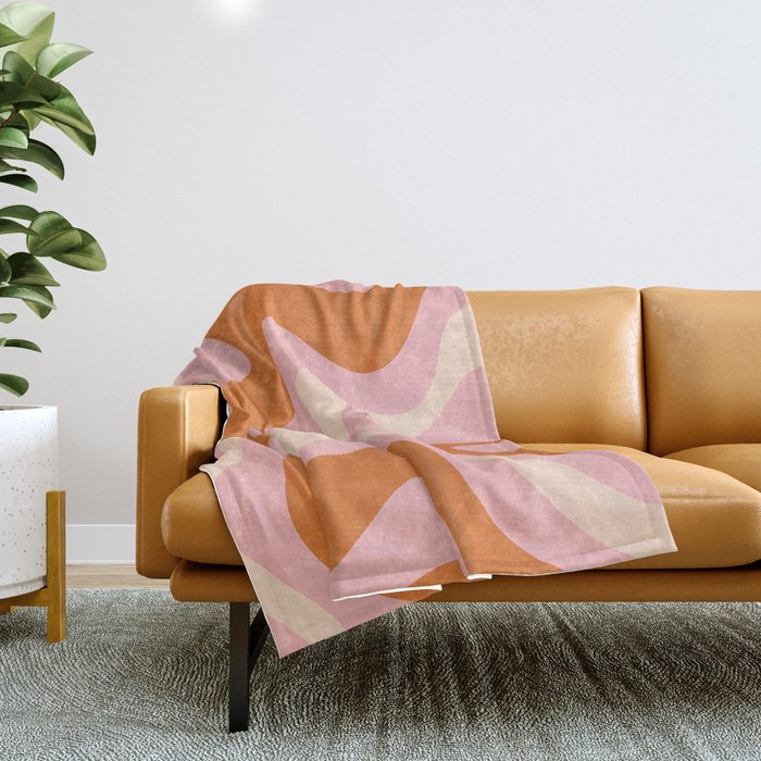Retro Liquid Swirl Abstract Square Pink Orange Cream Throw Blanket Gallery Image 1