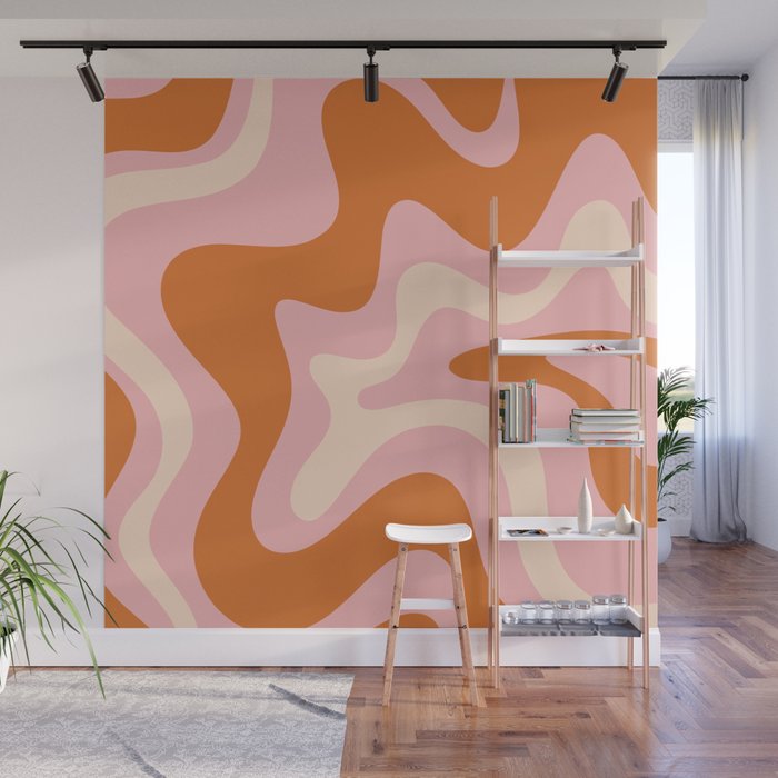 Retro Liquid Swirl Abstract Square Pink Orange Cream Wall Mural Gallery Image 1