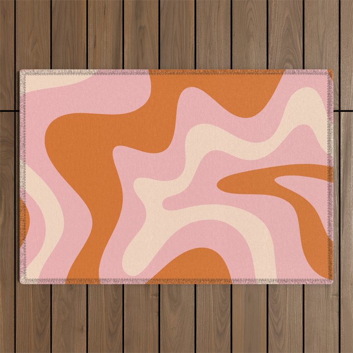 Retro Liquid Swirl Abstract Square Pink Orange Cream Outdoor Rug Gallery Image 1