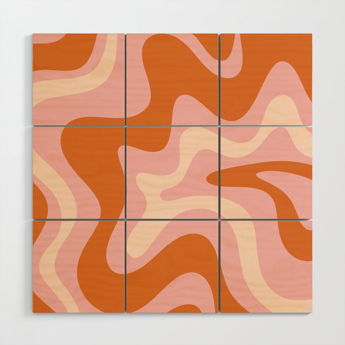 Retro Liquid Swirl Abstract Square Pink Orange Cream Wood Wall Art Gallery Image 1