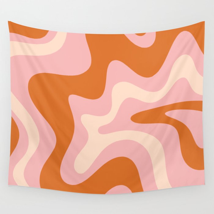 Retro Liquid Swirl Abstract Square Pink Orange Cream Wall Tapestry Gallery Image 4