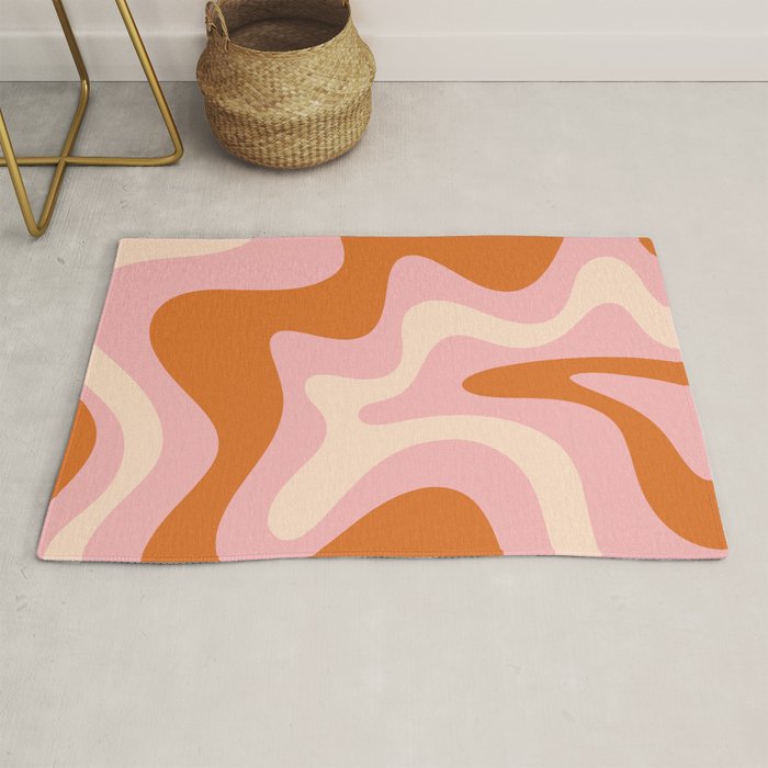 Retro Liquid Swirl Abstract Square Pink Orange Cream Rug Gallery Image 1