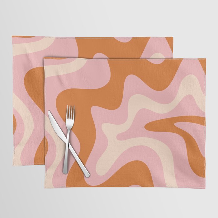 Retro Liquid Swirl Abstract Square Pink Orange Cream Placemat Gallery Image 1