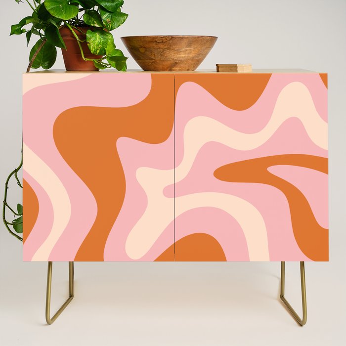 Retro Liquid Swirl Abstract Square Pink Orange Cream Credenza Gallery Image 1