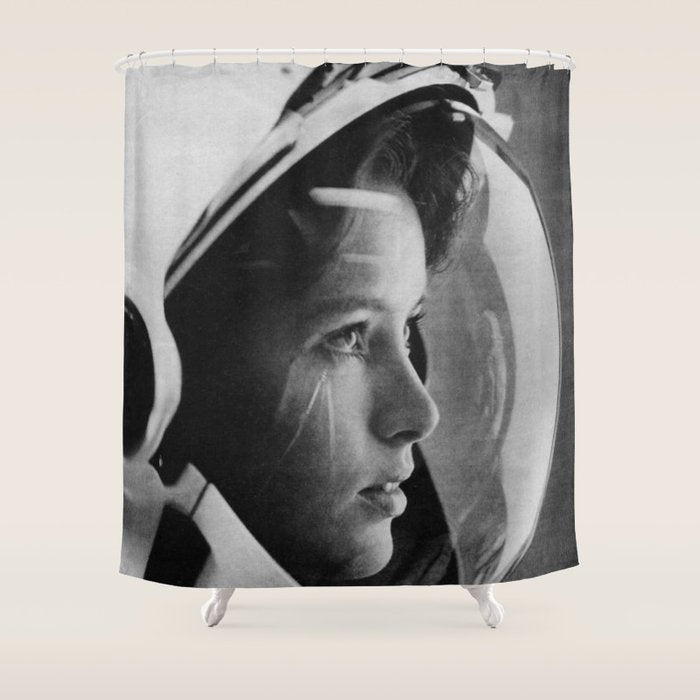NASA Astronaut, Anna Fisher, black and white photograph Shower Curtain Gallery Image 1