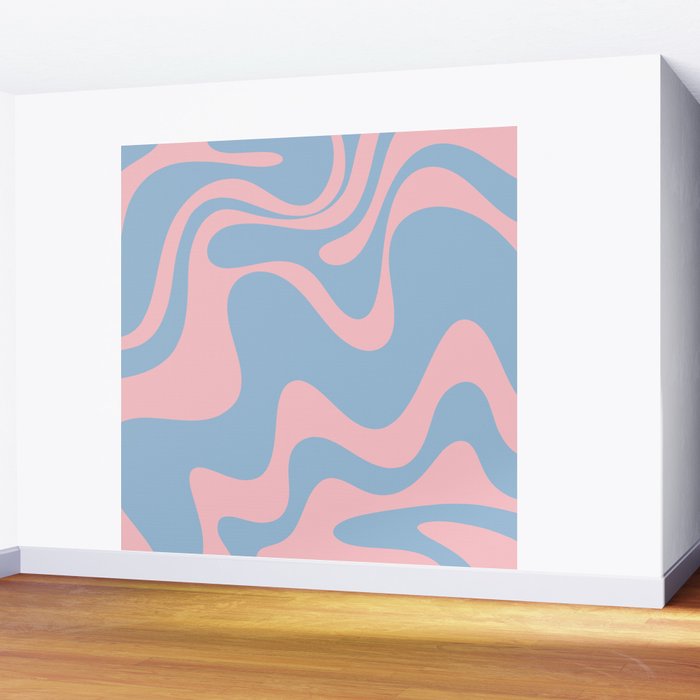 Retro Liquid Swirl Abstract 2 in Pastel Pink and Light Blue Wall Mural Gallery Image 2