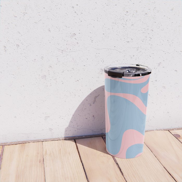 Retro Liquid Swirl Abstract 2 in Pastel Pink and Light Blue Travel Mug Gallery Image 4