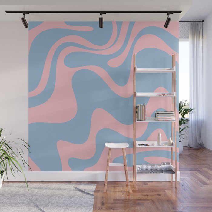 Retro Liquid Swirl Abstract 2 in Pastel Pink and Light Blue Wall Mural Gallery Image 1