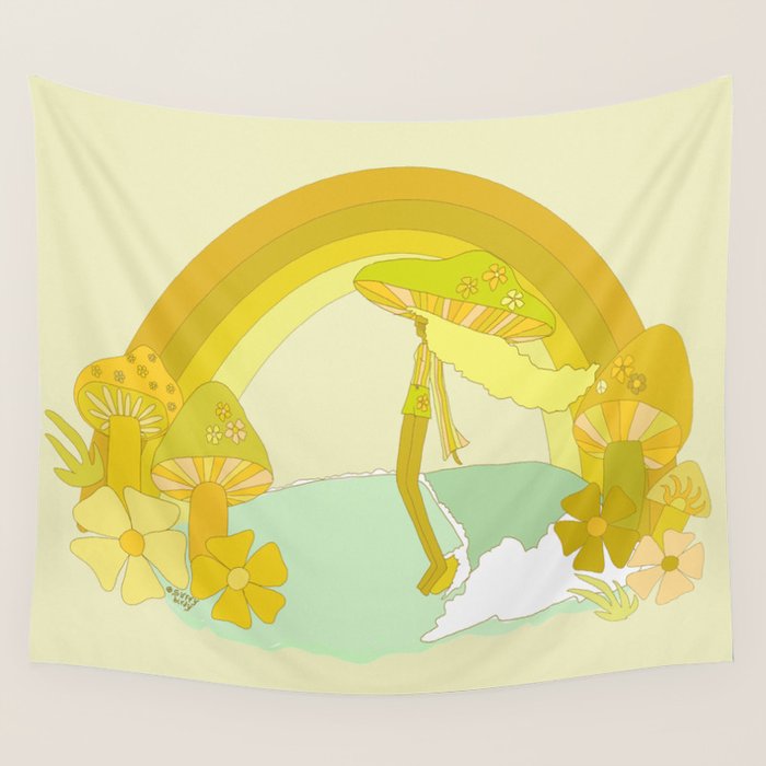 Mushy mushroom longboard surf retro floral daydreams by surfy birdy Wall Tapestry Gallery Image 4