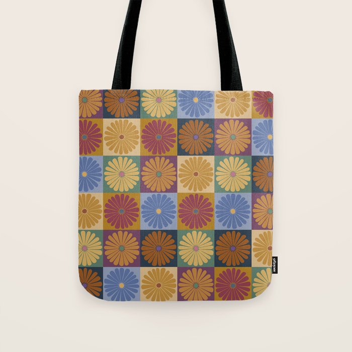 Retro Flowers Check Pattern XII Tote Bag Gallery Image 1