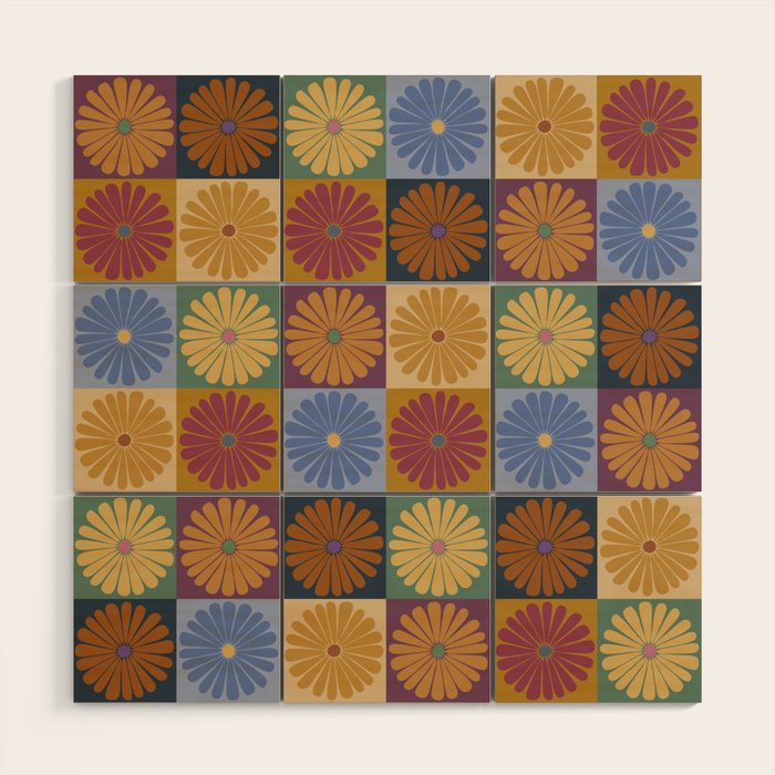 Retro Flowers Check Pattern XII Wood Wall Art Gallery Image 1