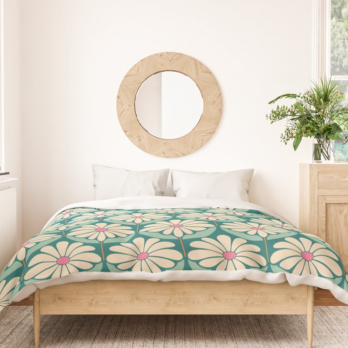 Flower Power - Teal, Pink and Off-white Duvet Cover Gallery Image 3