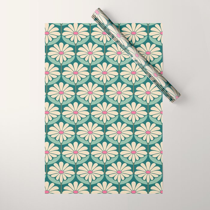 Flower Power - Teal, Pink and Off-white Wrapping Paper Gallery Image 1