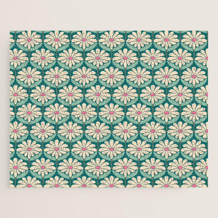 Flower Power - Teal, Pink and Off-white Jigsaw Puzzle Gallery Image 1