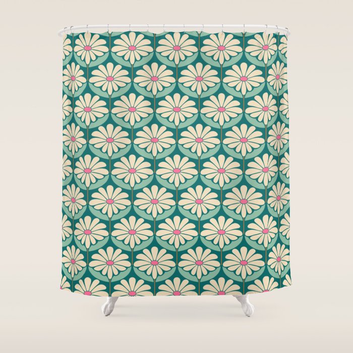 Flower Power - Teal, Pink and Off-white Shower Curtain Gallery Image 1