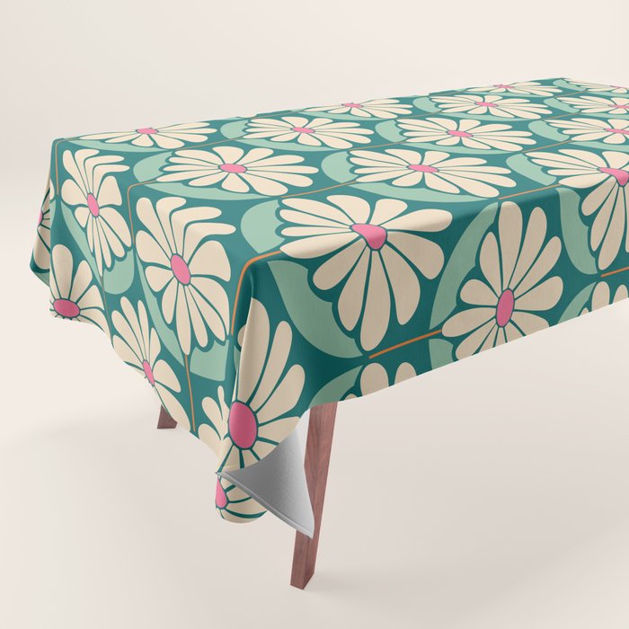 Flower Power - Teal, Pink and Off-white Tablecloth Gallery Image 1