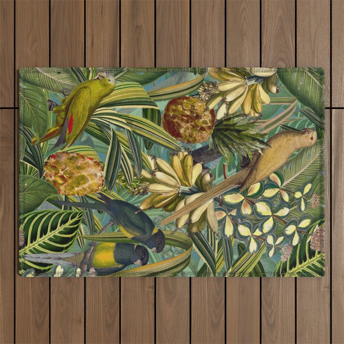 Vintage & Shabby Chic - Green Tropical Bird Flower Garden Outdoor Rug Gallery Image 1
