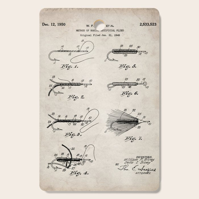 Fly Fishing Patent - Fisherman Art - Antique Cutting Board Gallery Image 1
