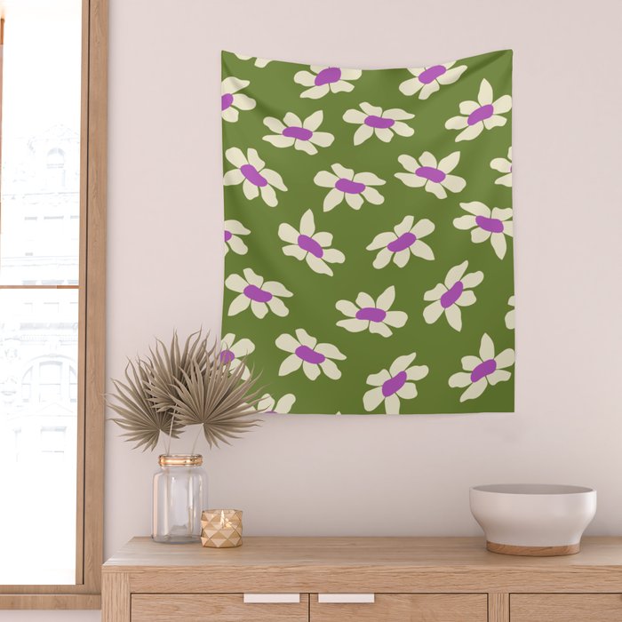 Olive and Purple - Retro Daisies  Wall Tapestry Gallery Image 2
