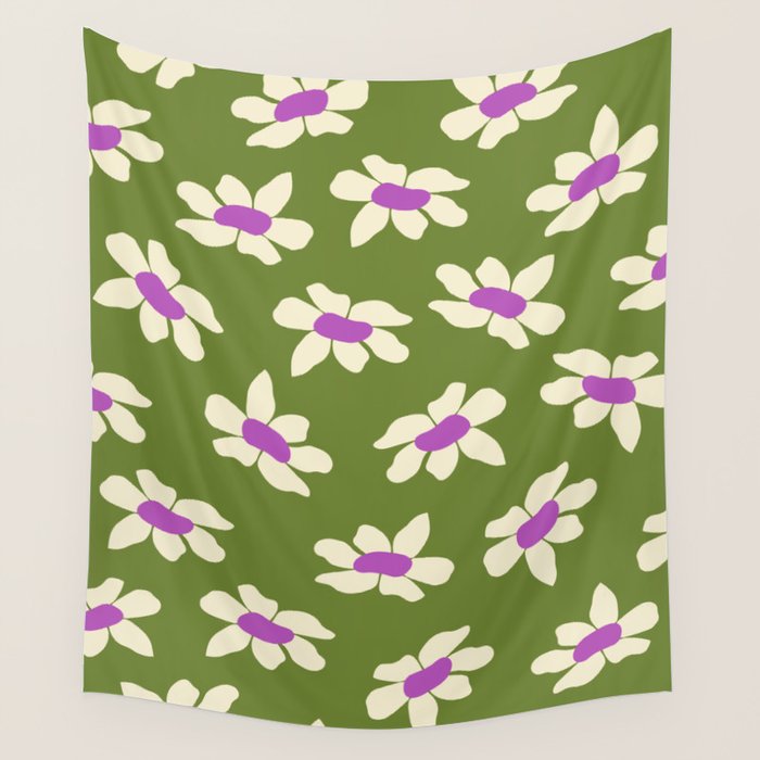 Olive and Purple - Retro Daisies  Wall Tapestry Gallery Image 4