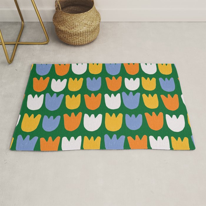 Rows of Tulips in Bloom in Forest Green & Orange Rug Gallery Image 1