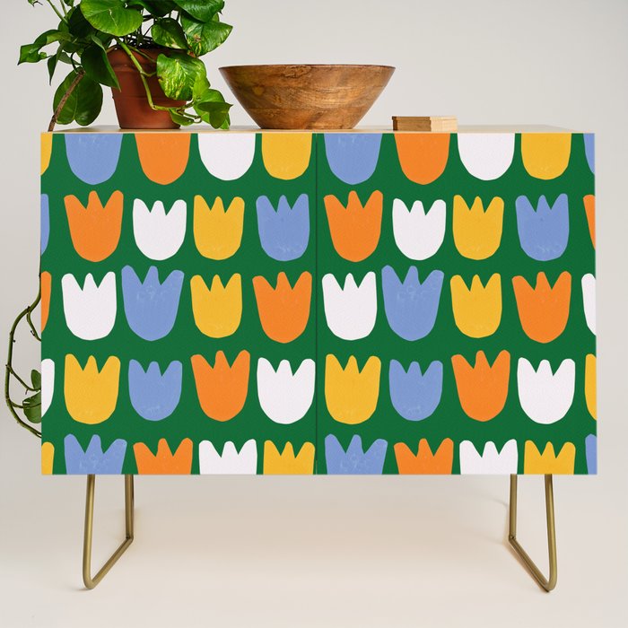 Rows of Tulips in Bloom in Forest Green & Orange Credenza Gallery Image 1