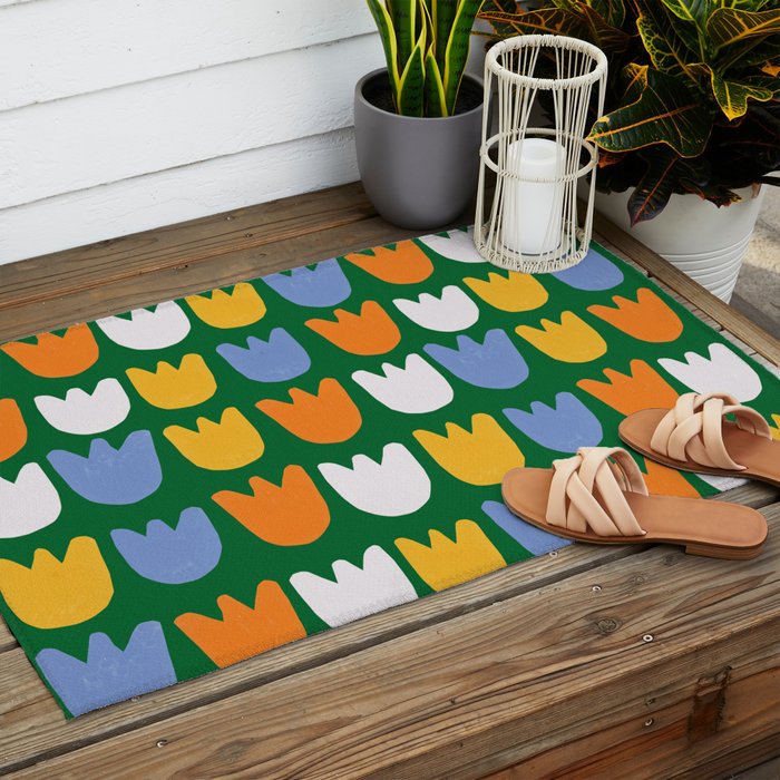 Rows of Tulips in Bloom in Forest Green & Orange Outdoor Rug Gallery Image 2