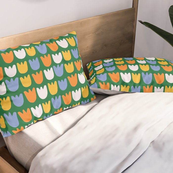 Rows of Tulips in Bloom in Forest Green & Orange Pillow Sham Gallery Image 2