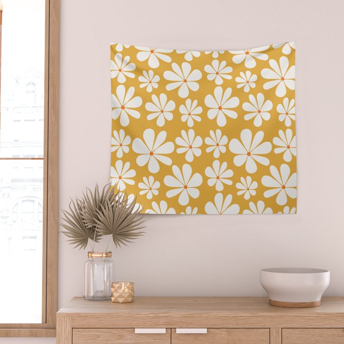 Retro Daisy Pattern - Golden Yellow Wall Tapestry Gallery Image 2