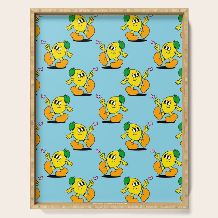 Funny retro lemon cartoon character pattern Serving Tray Gallery Image 1