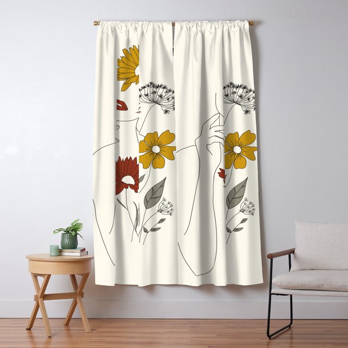 Colorful Thoughts Minimal Line Art Woman with Flowers III Window Curtain Gallery Image 5