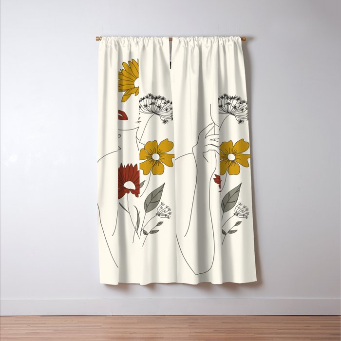 Colorful Thoughts Minimal Line Art Woman with Flowers III Window Curtain Gallery Image 3
