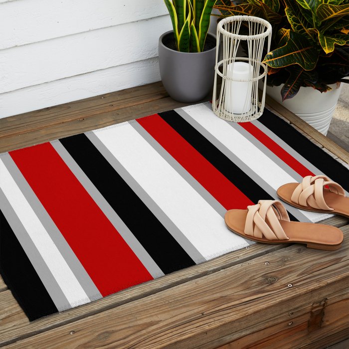 Modern Horizontal Stripes // Red, Gray, Black and White Outdoor Rug Gallery Image 2