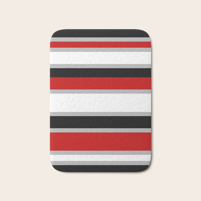 Modern Horizontal Stripes // Red, Gray, Black and White Bath Mat Gallery Image 1