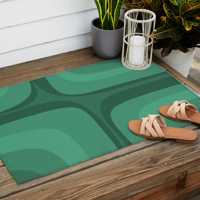 Retro Groove Mid Century Modern Minimal Abstract Emerald Green  Outdoor Rug Gallery Image 2