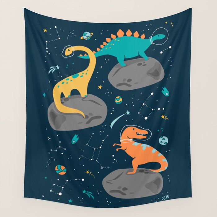 Dinosaurs Floating on an Asteroid Wall Tapestry Gallery Image 4