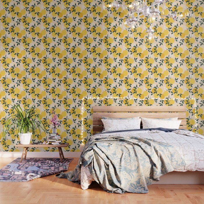 Mediterranean Lemons Zesty Blossom Mid Century Modern Print Pattern Wallpaper Gallery Image 1