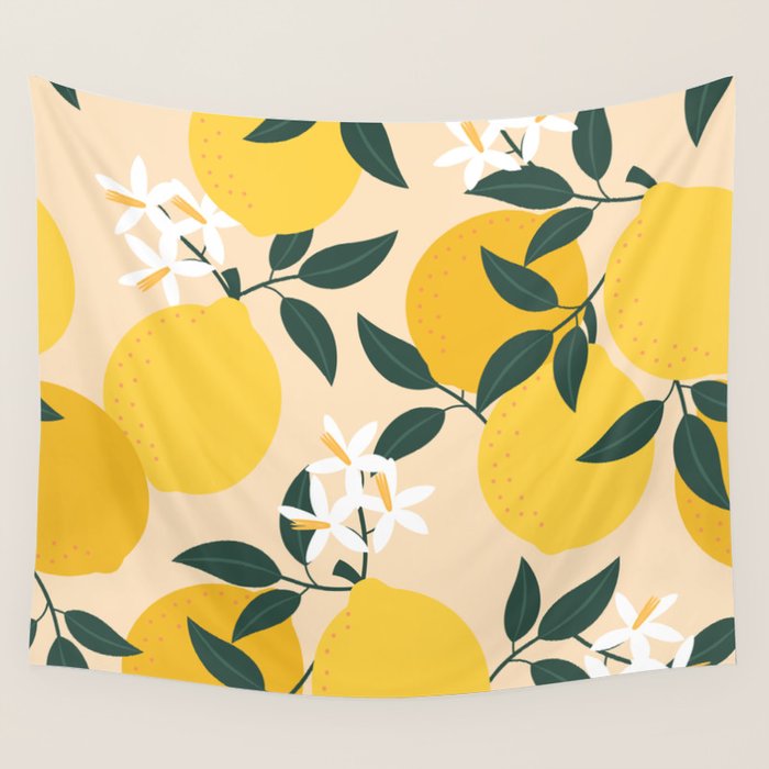 Mediterranean Lemons Zesty Blossom Mid Century Modern Print Pattern Wall Tapestry Gallery Image 4