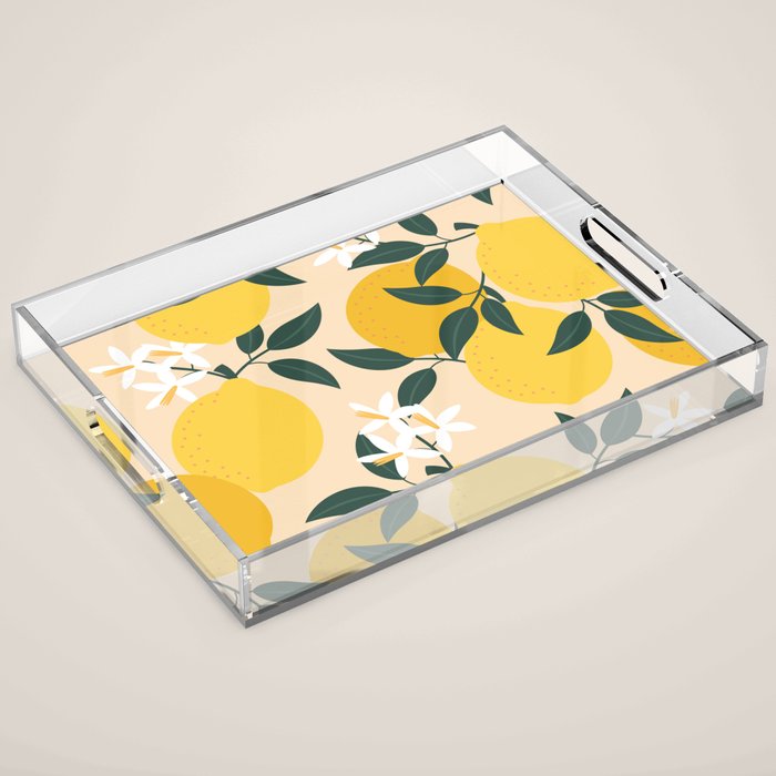 Mediterranean Lemons Zesty Blossom Mid Century Modern Print Pattern Acrylic Tray Gallery Image 1