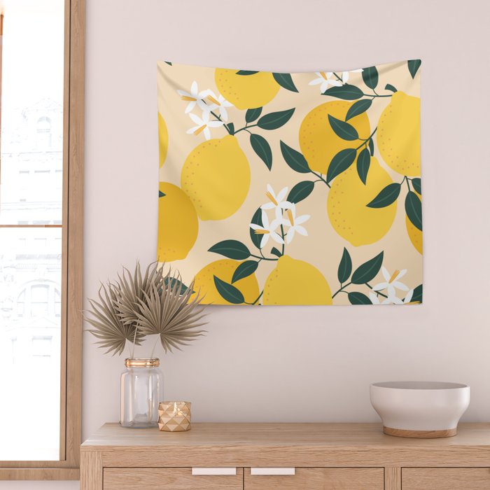 Mediterranean Lemons Zesty Blossom Mid Century Modern Print Pattern Wall Tapestry Gallery Image 2