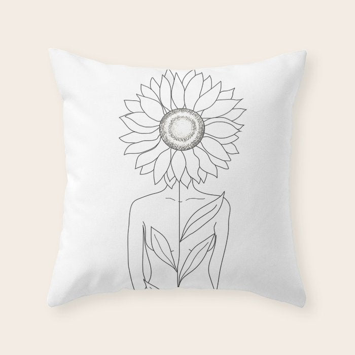 Minimalistic Line Art of Woman with Sunflower Throw Pillow Gallery Image 6