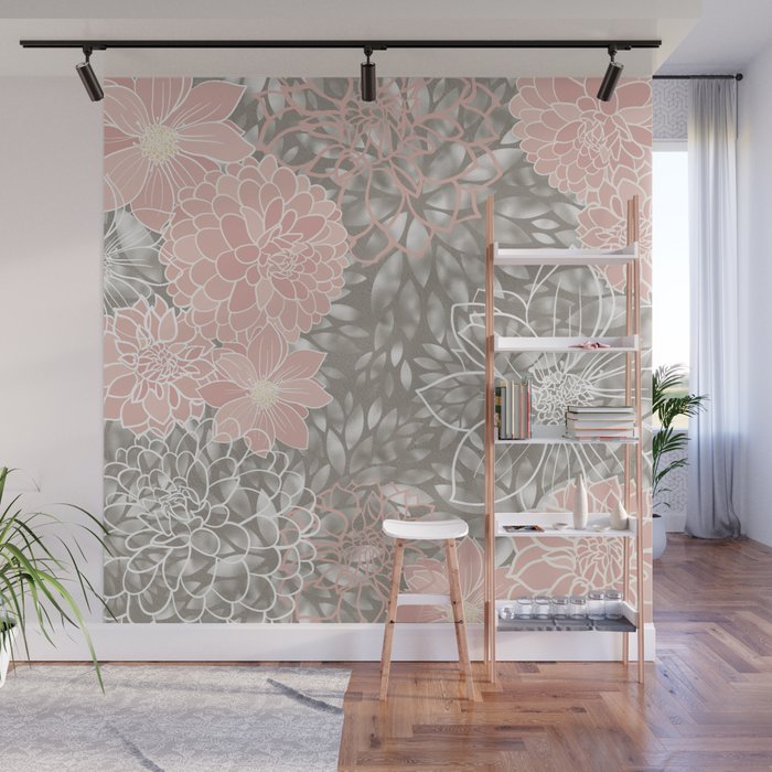 Floral Dahlias, Blush Pink, Gray, White Wall Mural Gallery Image 1