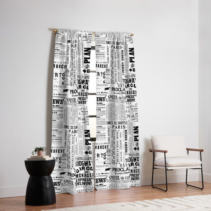 Vintage Typography And Headline Mix Black And White Window Curtain