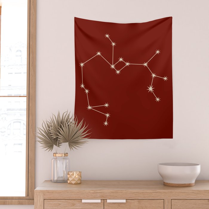 Sagittarius Zodiac Star Constellation Line Art Ruby Red Wall Tapestry Gallery Image 2