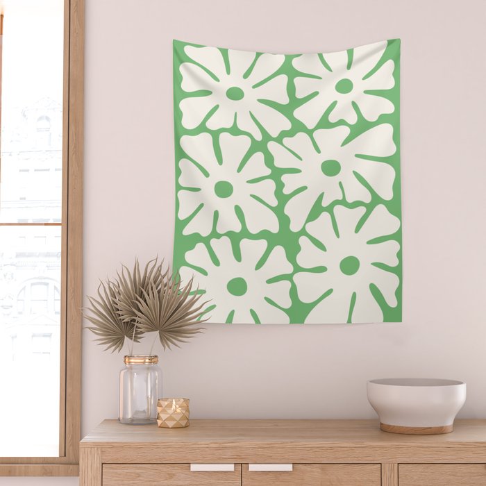 Mid-Century Flowers in Green & White Wall Tapestry Gallery Image 2
