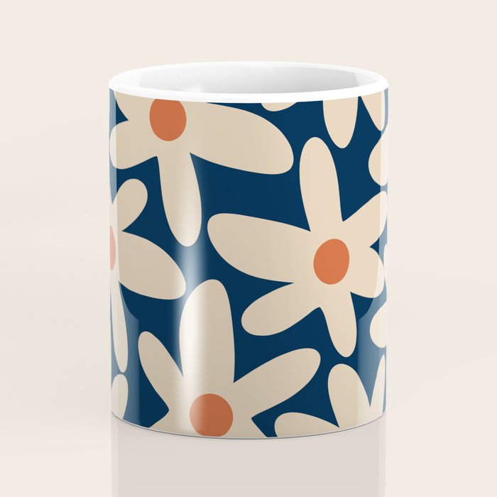 Daisy Time Retro Floral Pattern in Midcentury Blue Orange Beige Coffee Mug Gallery Image 4