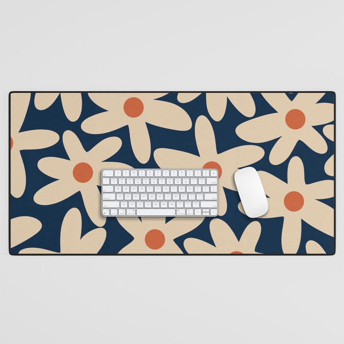 Daisy Time Retro Floral Pattern in Midcentury Blue Orange Beige Desk Mat Gallery Image 1