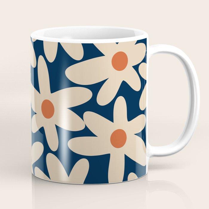 Daisy Time Retro Floral Pattern in Midcentury Blue Orange Beige Coffee Mug Gallery Image 1