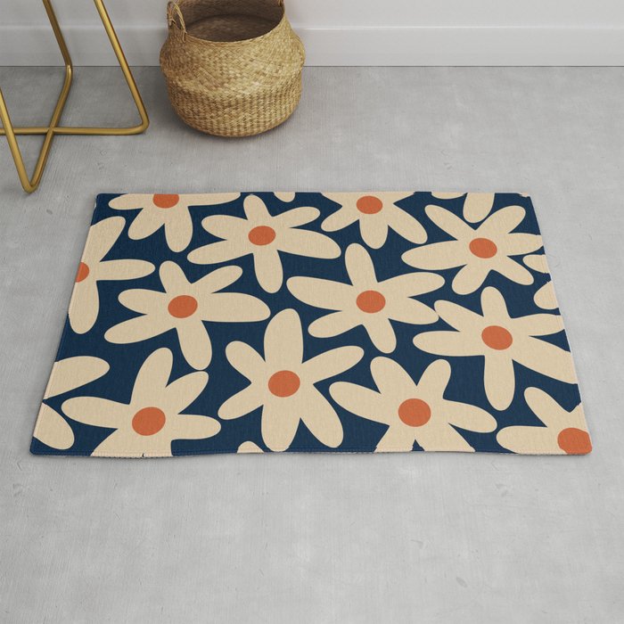 Daisy Time Retro Floral Pattern in Midcentury Blue Orange Beige Rug Gallery Image 1