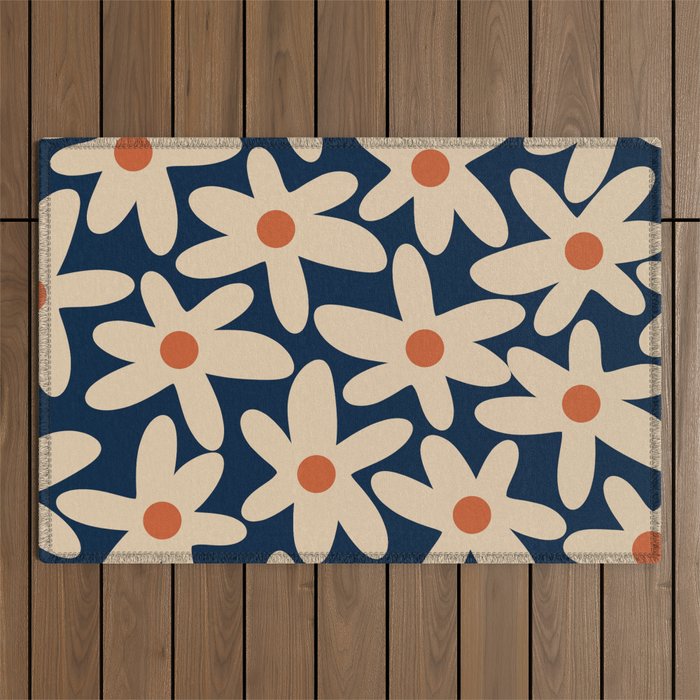 Daisy Time Retro Floral Pattern in Midcentury Blue Orange Beige Outdoor Rug Gallery Image 1